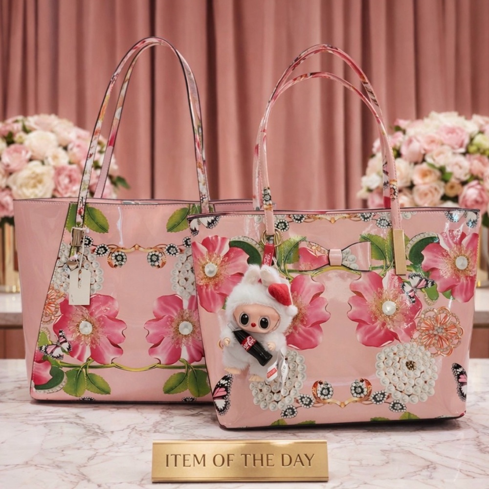 Gorgeous FLORAL Peonies + Pearls Celebration Large Pink Tote satchel Bag w BOW - Picture 3 of 13